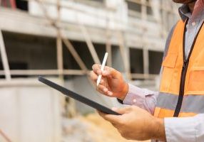 Close up hand engineer Using tablet for checking and maintenance to inspection at modern home building construction